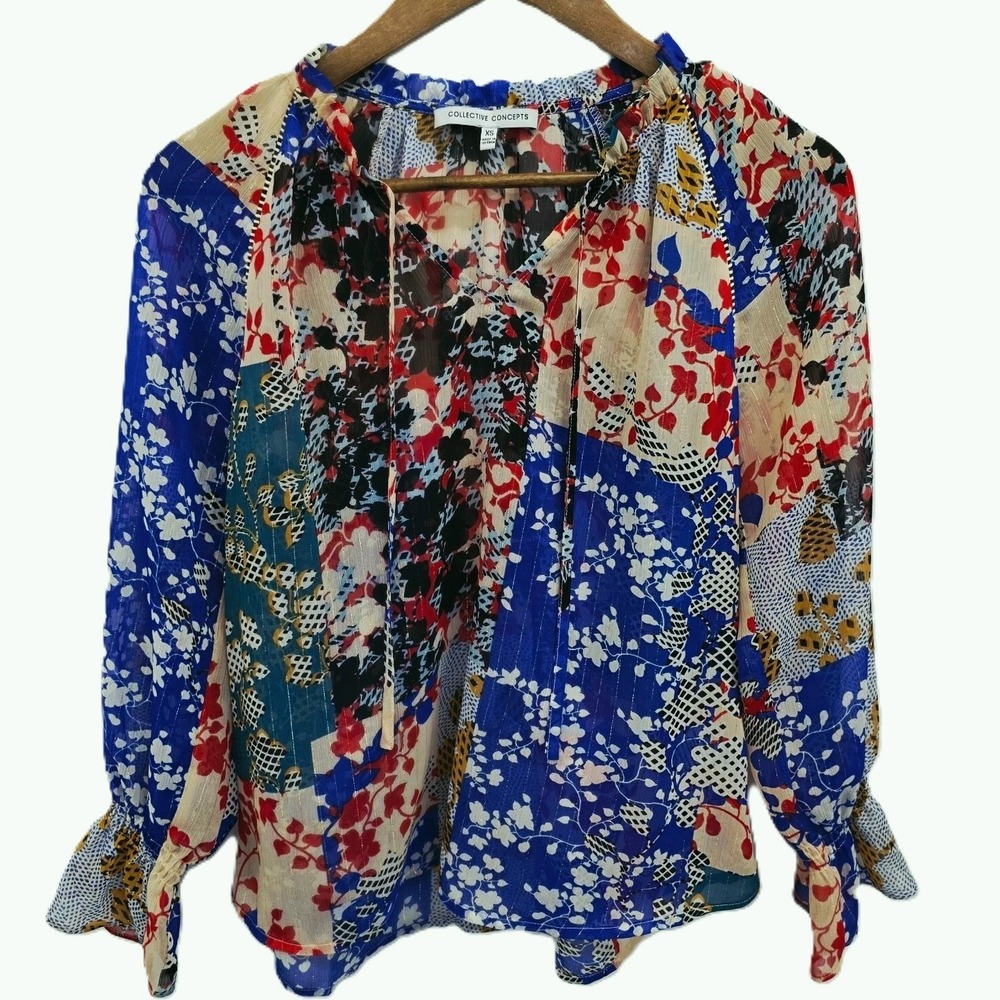 Womens XS Patchwork Floral Sheer Blouse Long Sleeve Boho Lightweight Top